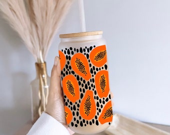 Papaya mug, papaya iced coffee mug, iced coffee mug, sublimated mug, fruit, fruit mug