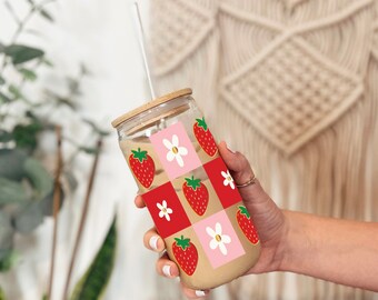 Strawberry love cup, mug, coffee, coffee mug, iced coffee mug, cute mug, strawberry, strawberry cup, flower cup, checkered cup