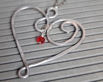 Hammered Heart Necklace, Wire heart necklace, large heart necklace, valentine's day gift, silver heart pendant, infinity necklace,