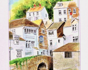 House of Frogs", original watercolor painting 11"x14" pen + wash ink & watercolor historic house English village