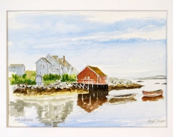 boat house", original watercolor painting 11"x14" pen + wash ink & watercolor boat house New England