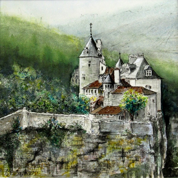 Austrian castle" original watercolor painting 12"x12" pen + wash ink & watercolor Austrian castle