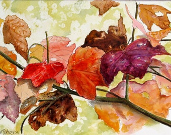 Fall leaves" original watercolor painting 11"x14" pen + wash ink & watercolor Fall leaves nature