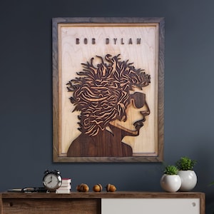 Wood Bob Dylan Wall Art, Handmade Unique Music Artwork, Framed Bob Dylan Fan Art, Bob Dylan Illustration