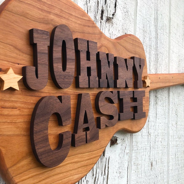 Fait à la main En bois Johnny Cash Guitare Art Mural, Décoration de Musique Country