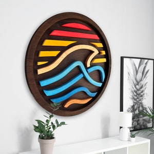 Wood ocean Wave Art Wall Sign, Rustic beach sunrise scenery wall hanging artwork