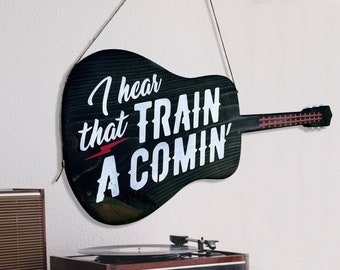 Handmade Johnny Cash Folsom Prison Blues Wood Guitar Sign, Man in Black, I hear that train a comin'
