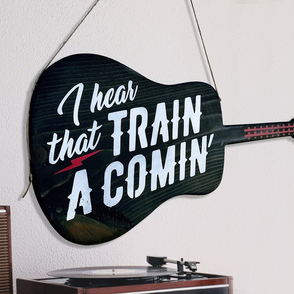 Panneau de guitare en bois Johnny Cash Folsom Prison Blues fait main, homme en noir, j'entends que train a comin'