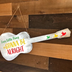 Bob Marley "three little birds" Wood Guitar Art, Handmade Bob Marley Sign