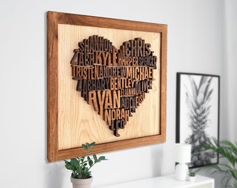 Handmade customizable Wood Family Names Heart Wall Art, Custom Family Tree Sign, Handcrafted Gift