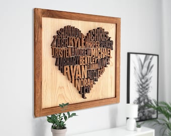 Handmade customizable Wood Family Names Heart Wall Art, Custom Family Tree Sign, Handcrafted Gift