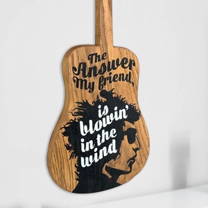 Handmade Bob Dylan Blowin&#39; In The Wind Wood Guitar Wall Art, Bob Dylan Rock and Roll Wall Sign