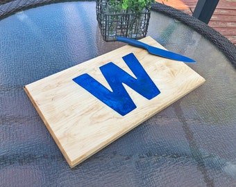 Handmade Chicago Cubs W Flag Wood Cutting Board, Epoxy Cubs Victory Flag Serving Tray