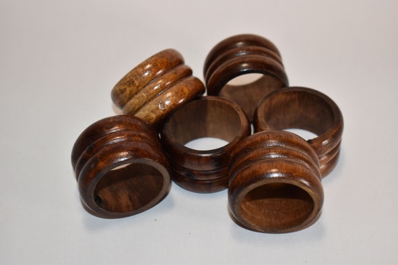 Vintage Hand Carved Wood Napkin Rings Set Of 6 Floral Brown India 