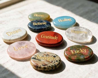 Engraved Crystal Word Stone Inspirational Stone Love Happiness Strength Courage Dream Healing Lucky Freedom Gemstone Healing Pocket Stone
