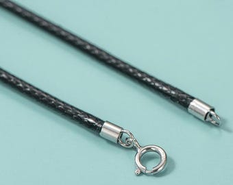 925 Sterling Silver Black Waxed Cord Chain Necklace With S925 Silver Clasp Black Waxed Rope For Charms and Pendant 15.8"-23.6" /1-3mm y367