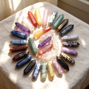 May include: A collection of double-terminated crystal wands arranged in a circular pattern. The stones feature various colors and textures, including clear, red, yellow, pink, purple, blue, green, brown, black, and spotted varieties.