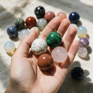 Könnte beinhalten: Eine Sammlung kleiner, polierter Edelsteinkugeln in verschiedenen Farben und Mustern, darunter Weiß mit schwarzer Maserung, tiefes Grün mit wirbelnden Bändern, durchscheinendes Rosa und schimmerndes Braun, gehalten in einer Handfläche.