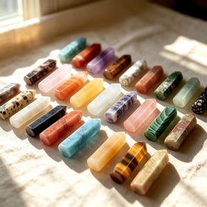 Pode incluir: Uma coleção de vinte e quatro varinhas de cristal polido de formato hexagonal dispostas em filas. As pedras apresentam várias cores e padrões, incluindo branco translúcido, preto opaco, verde com faixas, dálmata manchado, laranja, azul e castanho às riscas.