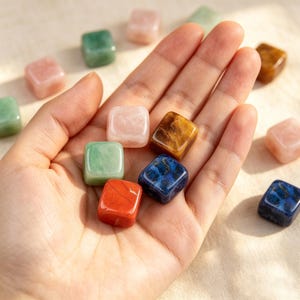 Pode incluir: Uma coleção de pequenas pedras preciosas polidas em forma de cubo em várias cores, incluindo rosa claro, verde, vermelho profundo, azul escuro e castanho dourado. Várias destas pedras minerais lisas e quadradas estão numa palma aberta.