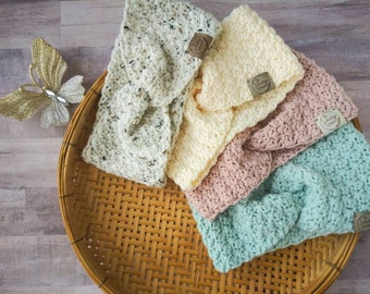 Fall Earwarmer Headwrap in Soft Colors | Handmade Crocheted | Turban Headwrap | Fall or Winter Accessory | Messy Bun Ponytail Headband