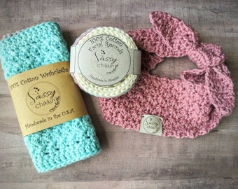 Farmhouse Style Spa Set 100% Cotton Handmade Crochet Headband, Washcloths, and Facial Rounds Bath Luxury Set