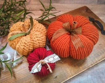 Farmhouse Fall Decor Crochet and Knit Decorative Pumpkins | Autumn Warm Colors | Burnt Orange, Mustard, and Cranberry | Handmade Home Decor