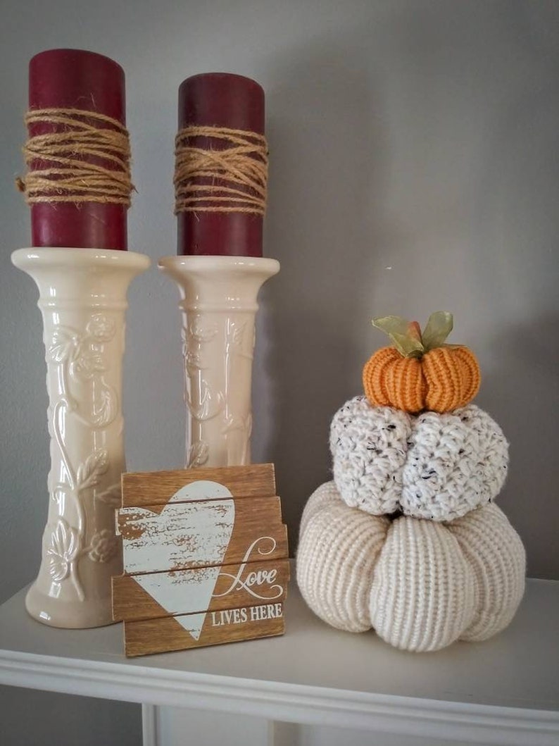 Fall Home Decor Pumpkins Crochet and Knit Decoration Autumn Warm Colors Rustic Farmhouse Decor Cream, Tweed, and Mustard image 5