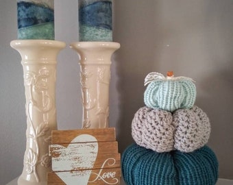 Farmhouse Fall Decor Crochet and Knit Decorative Pumpkins | Ocean Colors | Food Allergy Awareness Pumpkins | Teal, Grey, and Aqua