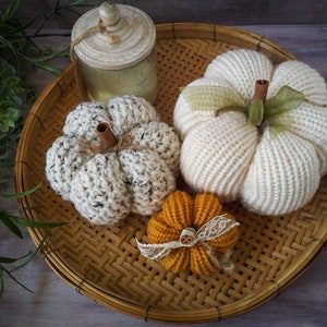 Fall Home Decor Pumpkins Crochet and Knit Decoration Autumn Warm Colors Rustic Farmhouse Decor Cream, Tweed, and Mustard image 2