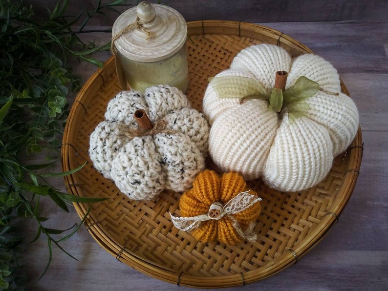 Fall Home Decor Pumpkins Crochet and Knit Decoration Autumn Warm Colors Rustic Farmhouse Decor Cream, Tweed, and Mustard image 2