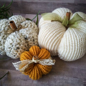 Fall Home Decor Pumpkins Crochet and Knit Decoration Autumn Warm Colors Rustic Farmhouse Decor Cream, Tweed, and Mustard image 1