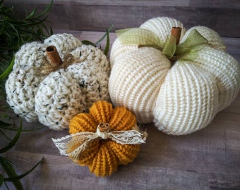 Fall Home Decor Pumpkins | Crochet and Knit Decoration | Autumn Warm Colors | Rustic Farmhouse Decor | Cream, Tweed, and Mustard