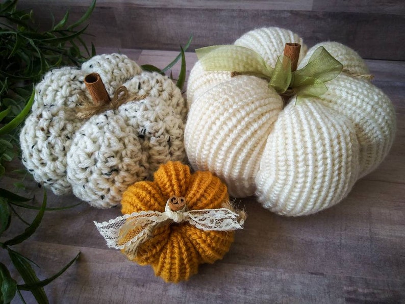 Fall Home Decor Pumpkins Crochet and Knit Decoration Autumn Warm Colors Rustic Farmhouse Decor Cream, Tweed, and Mustard image 1