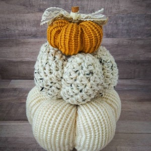 Fall Home Decor Pumpkins Crochet and Knit Decoration Autumn Warm Colors Rustic Farmhouse Decor Cream, Tweed, and Mustard image 3