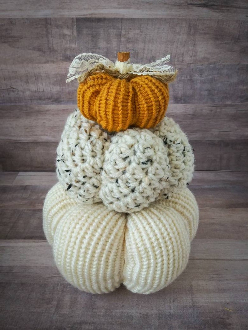 Fall Home Decor Pumpkins Crochet and Knit Decoration Autumn Warm Colors Rustic Farmhouse Decor Cream, Tweed, and Mustard image 3