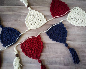 Americana Farmhouse Style Home Decor | 4th of July Patriotic Red, White, & Blue Pennant | Rustic Boho Fireplace Mantle Garland Banner