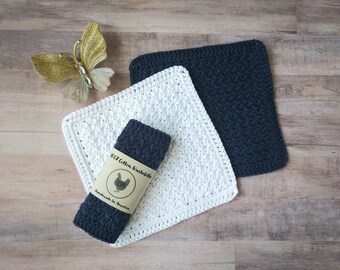 Modern Farmhouse 100% Cotton Washcloths | White, Navy, and/or Charcoal Grey | Boho Rustic Style | Handmade Crocheted