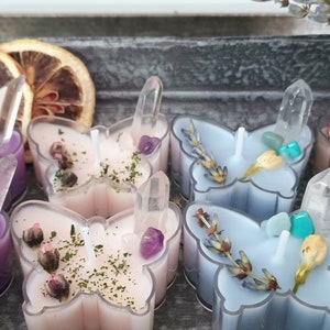 Tealight borboleta com cristais e velas perfumadas de flores | Vela de Intenção | Vela de feitiço mágico | Vela de Transformações