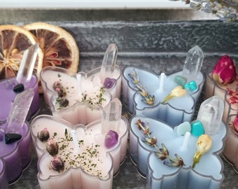 Butterfly Tealight with Crystals & Flowers Scented Candle | Intention Candle | Magical Spell Candle | Transformations Candle