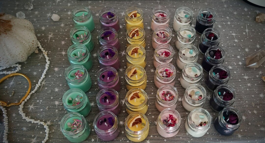 Set of 6 Intention Candles With Crystals & Flowers for Spell ...
