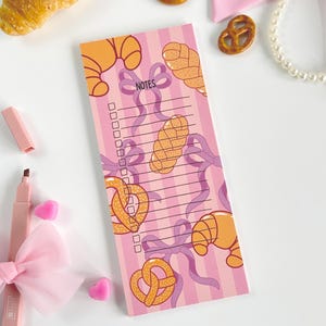 Baked goods with bows note pad French croissant pink striped notepad Baking lover gift Pretzel to do list Braided bread Baking coquette