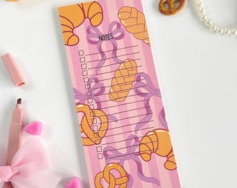 Baked goods with bows note pad French croissant pink striped notepad Baking lover gift Pretzel to do list Braided bread Baking coquette