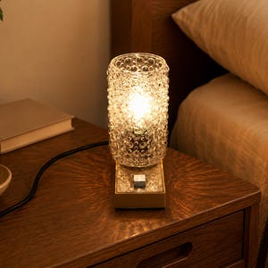 Table lamp/bedside lamp made of beige plastic with glass body * 1970s * Mid-Century Modern * Vintage