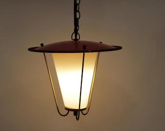 Rockabilly Lantern 1950s * Atomic-Age Pendant Light * Red and White Opal Glass & Steel * Vintage