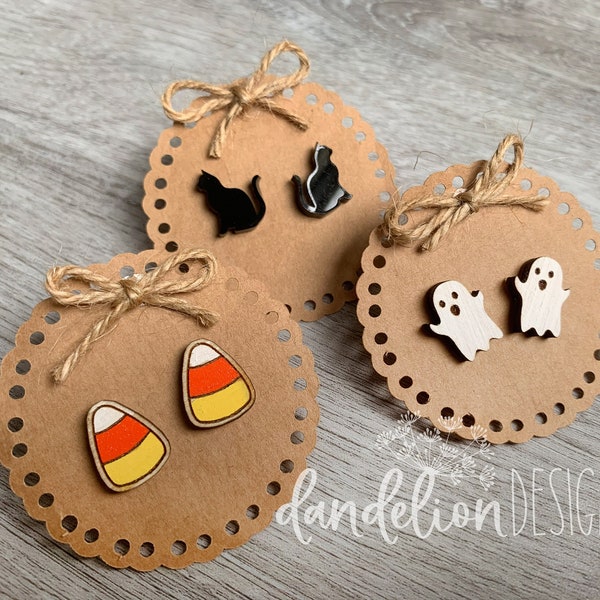 Halloween Stud Earrings Candy Corn, Black Cat, Ghost Wood Acrylic