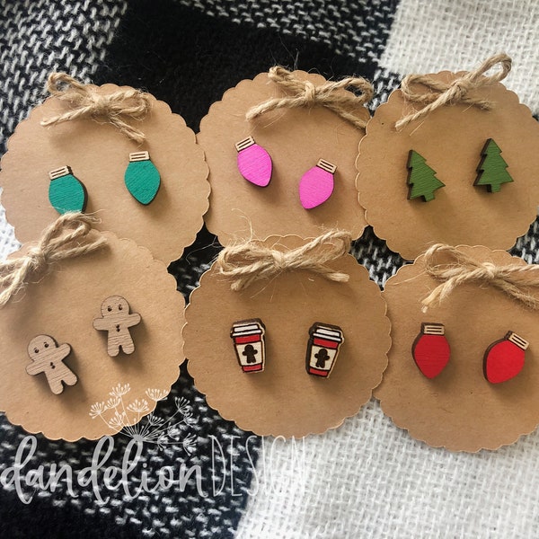 Christmas Wood Stud Earrings Bulbs, Trees, Gingerbread Latte