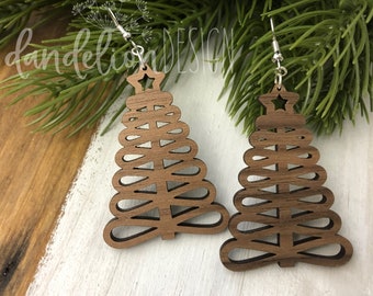 Christmas Tree Wood Earrings Laser Cut Handmade