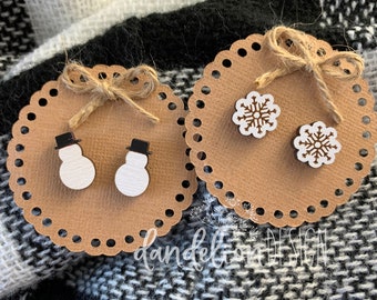 Winter Christmas Wood Stud Earrings Snowman, Snowflake