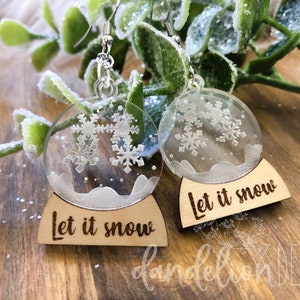 Snow Globe Wood and Acrylic Earrings Laser Cut Handmade